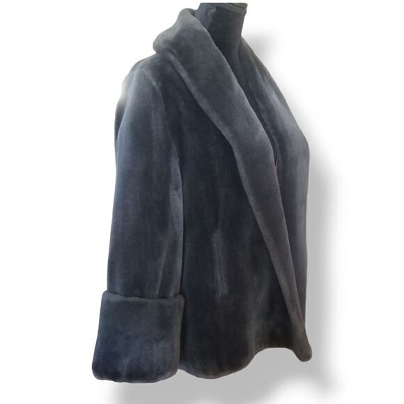 Plush Faux Fur Charcoal Open Front Vintage Jacket with Cuffed Sleeves  S… - Picture 4 of 12